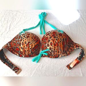 VICTORIA'S SECRET Push Up Leopard Print String Bikini Top Adjustable 32C Animal